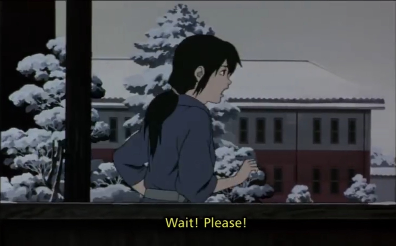 Chiyoko running down a walkway in the snow to reach the painter shouting 'Wait! Please'