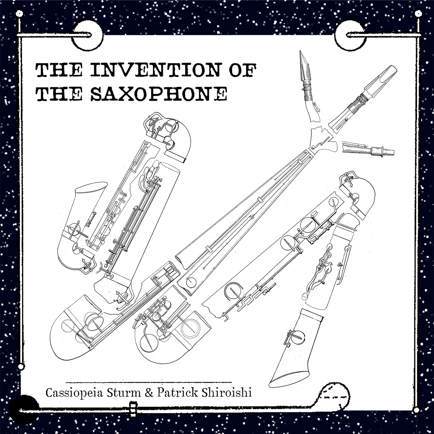 Album cover for The Invention of the Saxophone. Features an illustration of a bizarre three headed saxophone in space