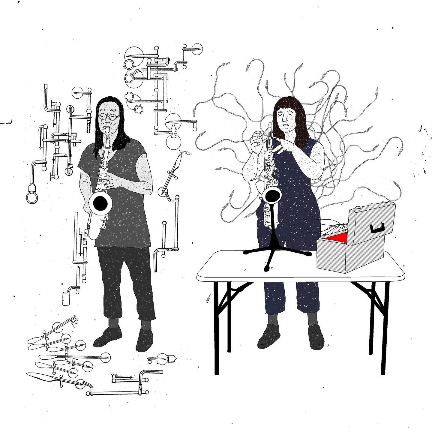An illustration of Nessie Sturm and Patrick Shiroishi with a mess of wires and keyes behind them respectively.