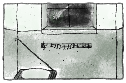 A drawing of a cell with a bed strapped to the wall, a staff full of music written in the wall, and a cell window with a shooting star in the distance